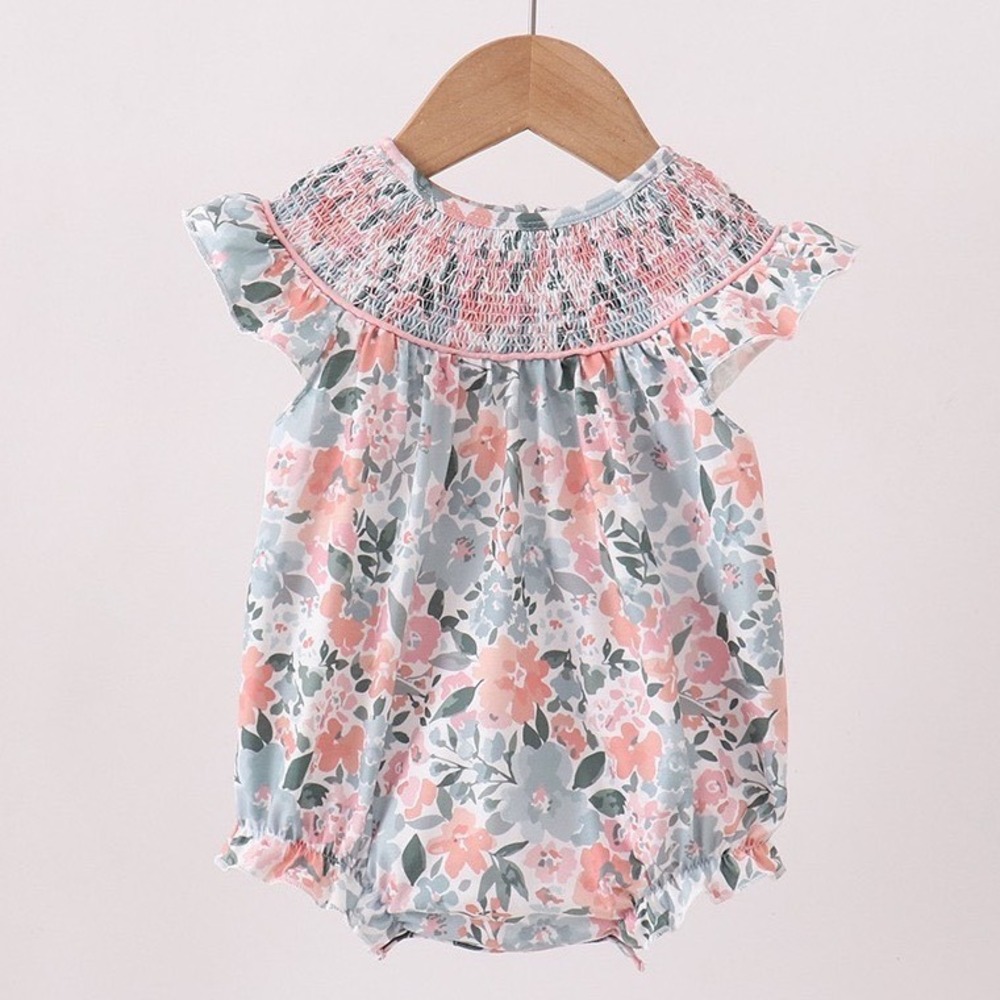 Abby & Evie Baby Girl Floral Smocked Bubble Romper Pink Blue 12M NWT